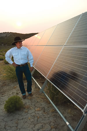 Sixty-four feet of photovotaic solar panels located 100 feet from the house convert enough sunlight to electricity to run everything in the Mitchell home.