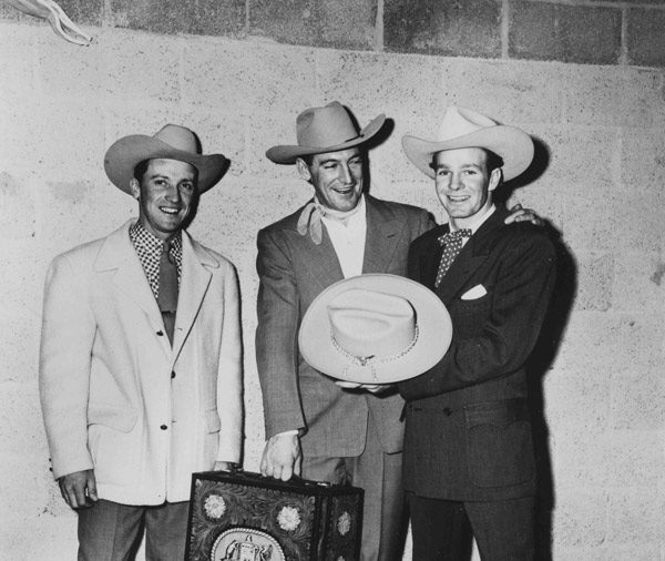 Don McLaughlin, at left, featured in Rodeo Legends, Volume 2, is shown with Bill Linderman and Casey Tibbs, who were included in the first Rodeo Legends book. CREDIT: DEVERE HELFRICH COURTESY NATIONAL COWBOY AND WESTERN HERITAGE MUSEUM