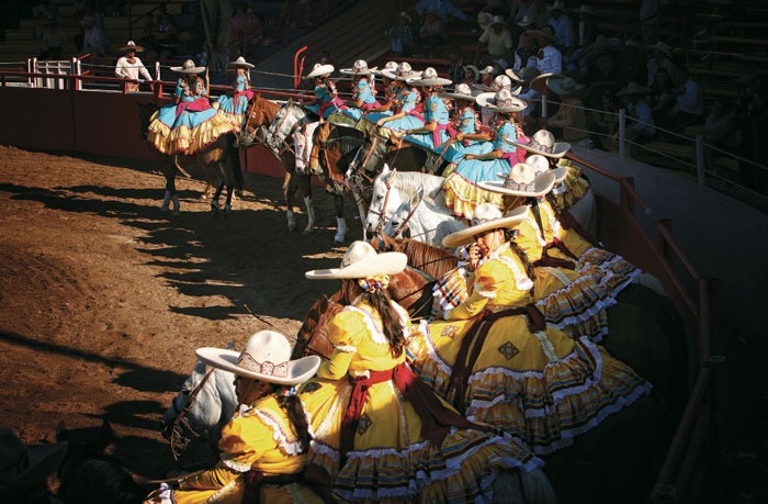 The escaramuza teams line up in front of the grandstand.
