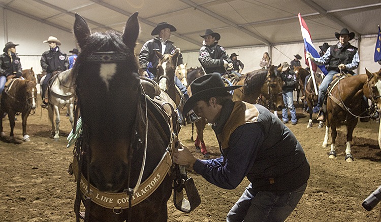 NFR roper Jade Corkill tightens his cinch before riding in the grand entry.