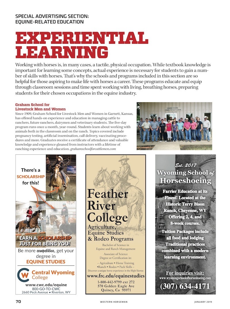Special Advertising Section page on Experiential Learning from Western Horseman January 2018 issue
