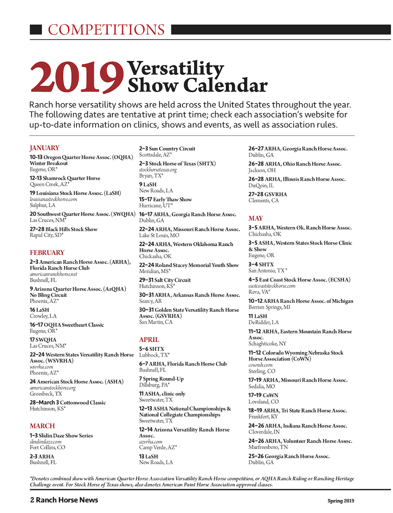 show date calendar for 2019 Ranch versatility