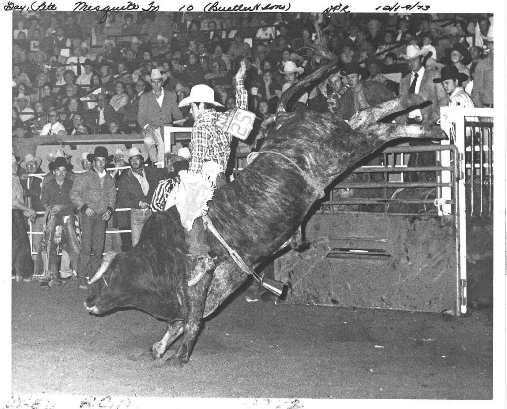 Pete Gay riding a bull at Neal Gay's Mesquite Championship Rodeo.