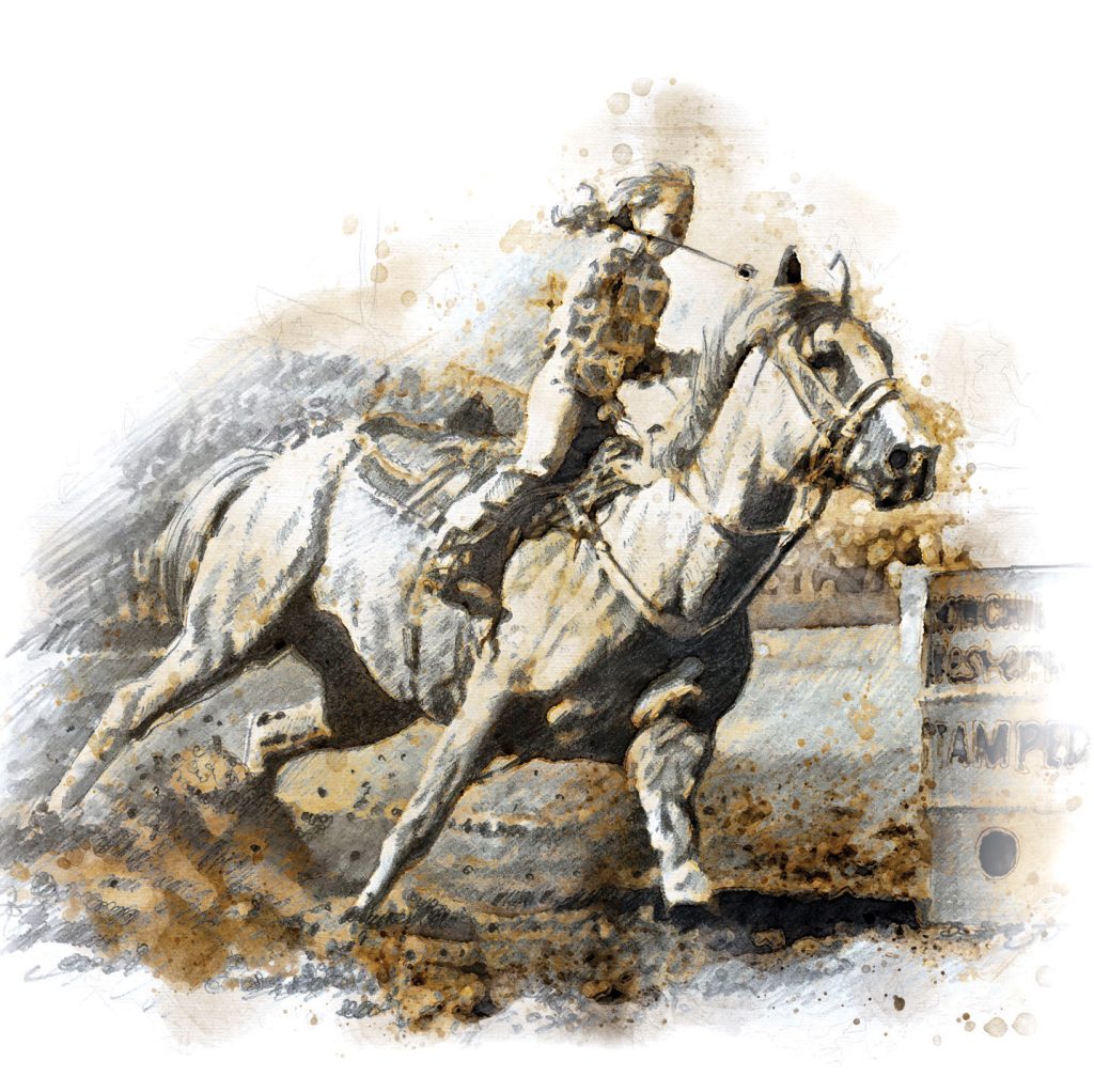 Illustration of Kelly Yates' first horse "Skip" running barrels.