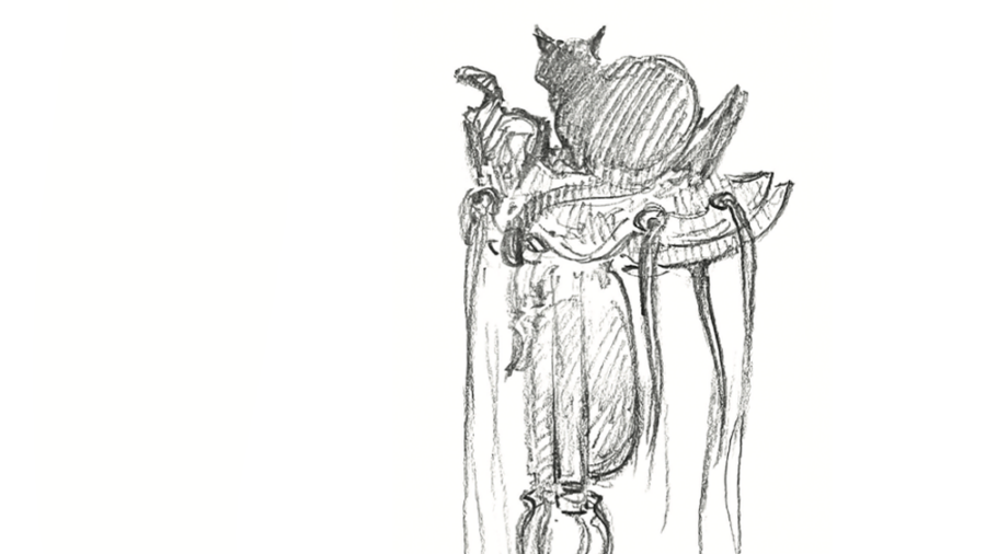 An illustration of a cat sitting on a saddle looking down at two mice.