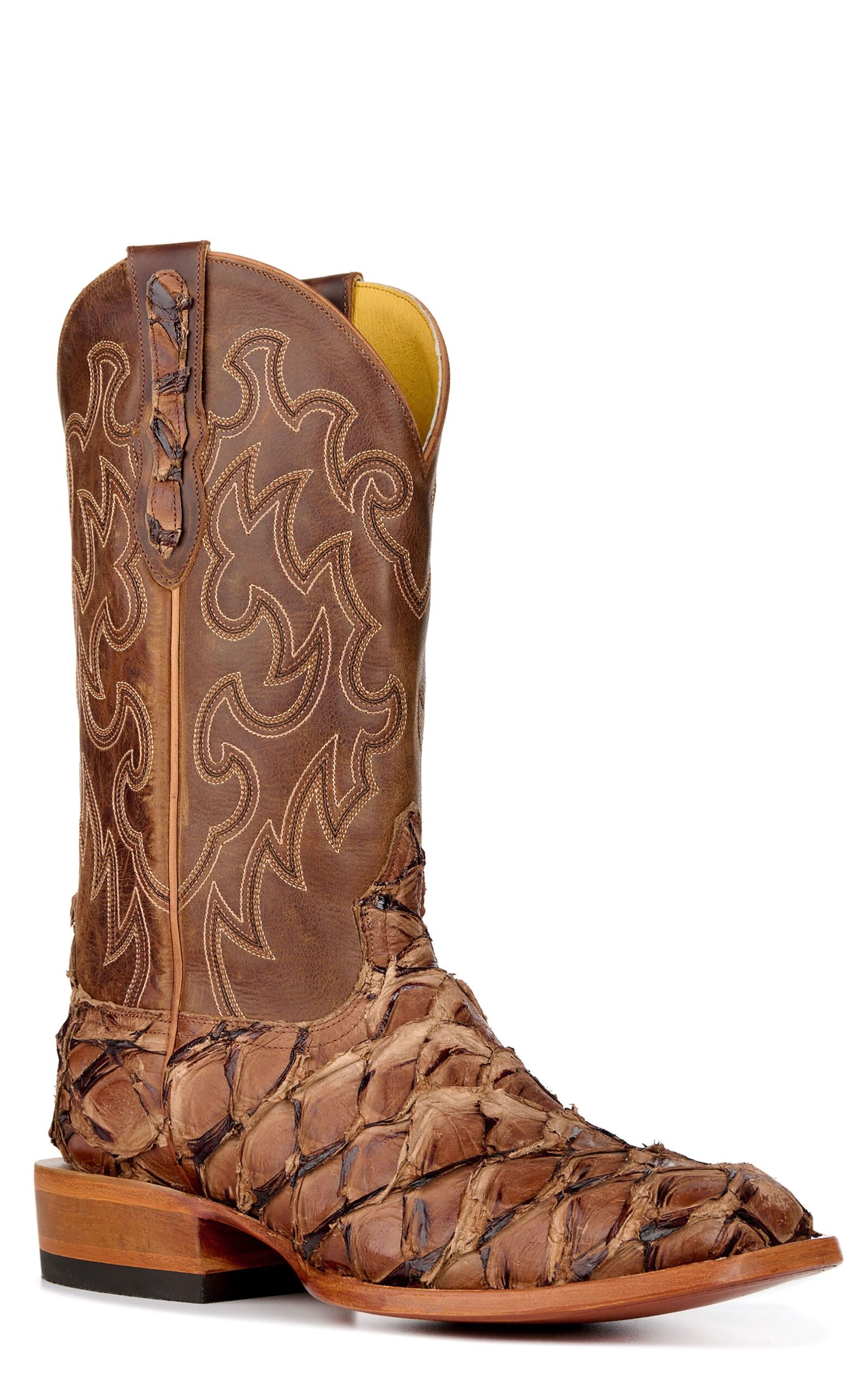 cavender's men's mahogany pirarucu and brown wide square toe cowboy boots