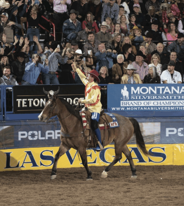 Harrison never misses an opportunity to entertain an audience. When the electricity went out at the 2022 Wrangler National Finals Rodeo, Harrison grabbed a horse and proceeded to lead the crown in "the wave."