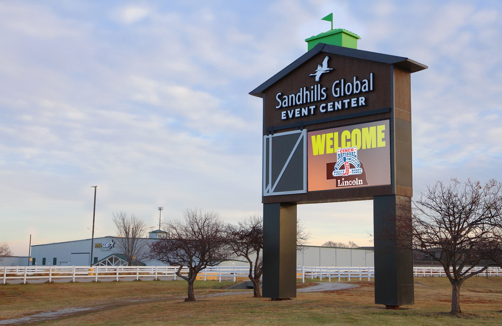 Sandhills Global Event Center entrance sign displays welcomes NHSFR to Lincoln. Photo courtesy of Sandhills Event Center
